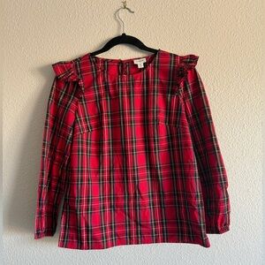 J Crew Top Blouse Size XS Red Tartan Plaid Ruffle Shoulder